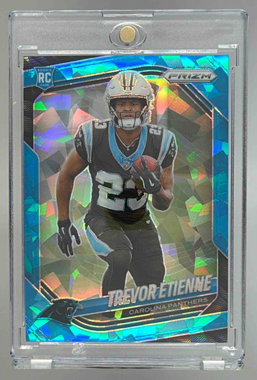 Card image for 2025 Panini Football Prizm Trevor Etienne Blue Ice /99 #345 RC Carolina Panthers