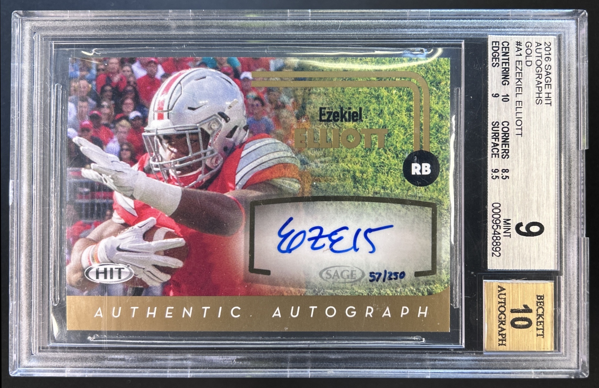 Card image for 2016 SAGE HIT EZEKIEL ELLIOTT #A1 AUTO RC BGS 9 AUTO 10 ROOKIE OHIO STATE BUCKEYES