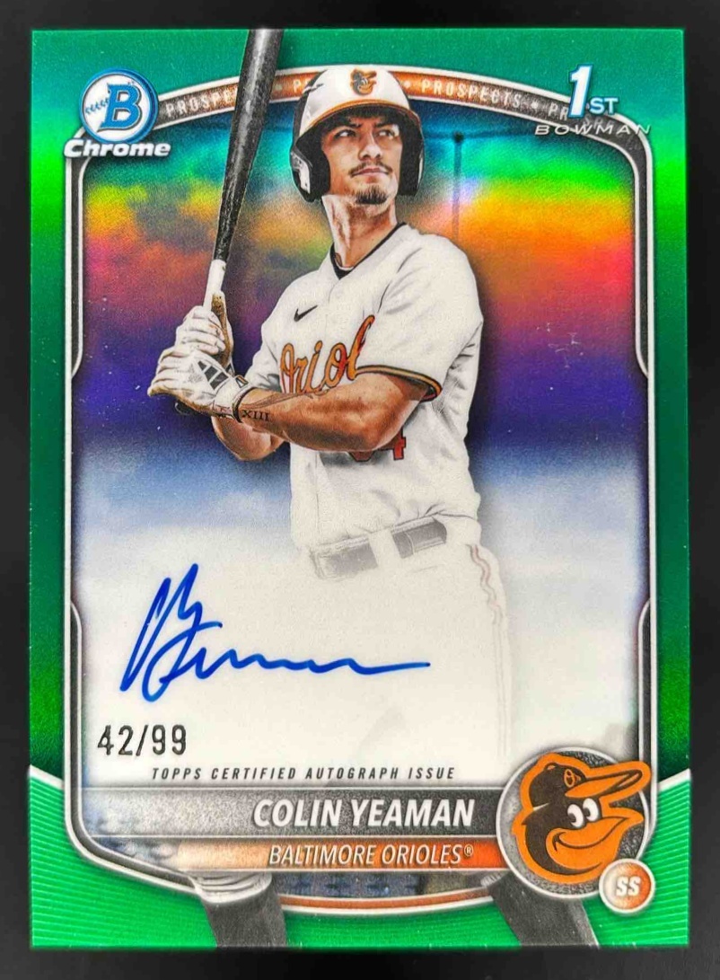 Card image for 2025 Bowman Draft Colin Yeaman Chrome Auto Green Refractor /99 1st Prospect