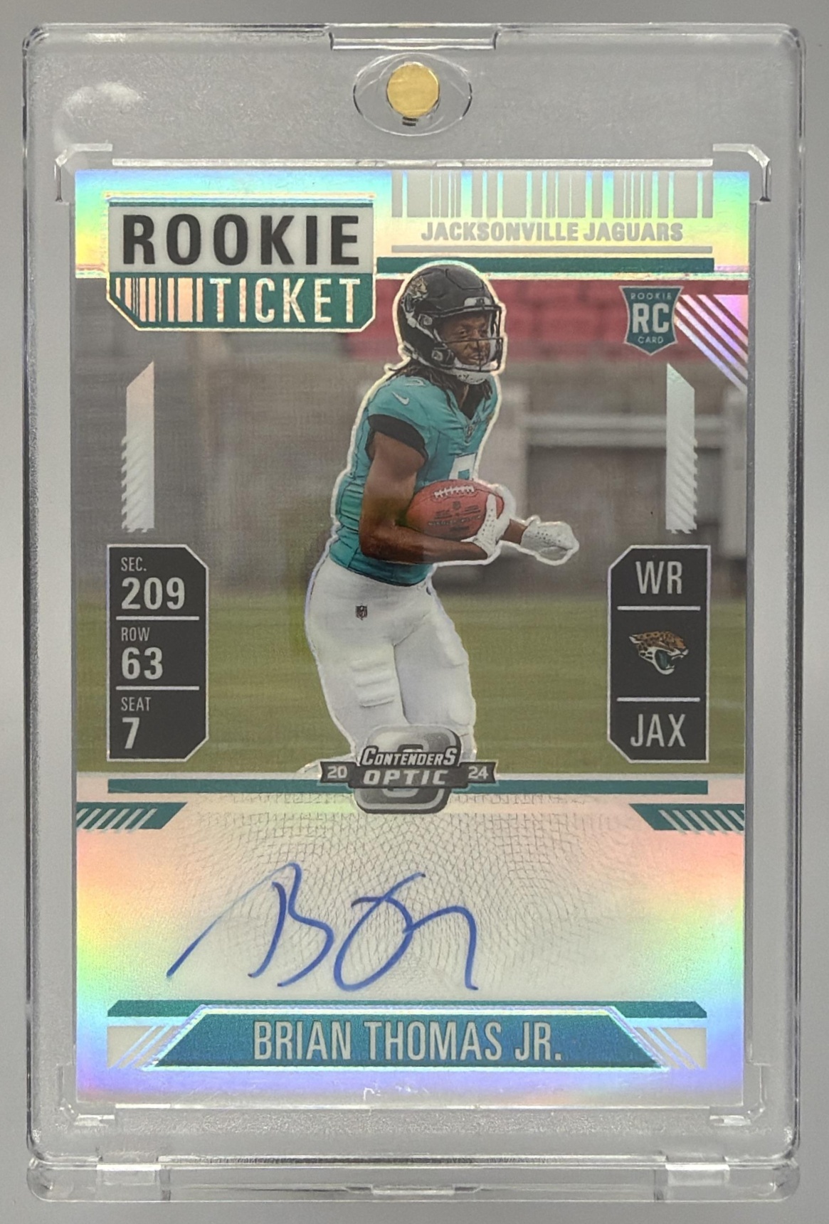 Card image for 2024 Panini Contenders Optic Brian Thomas Jr. Rookie Ticket RPS Auto #103 RC Jaguars