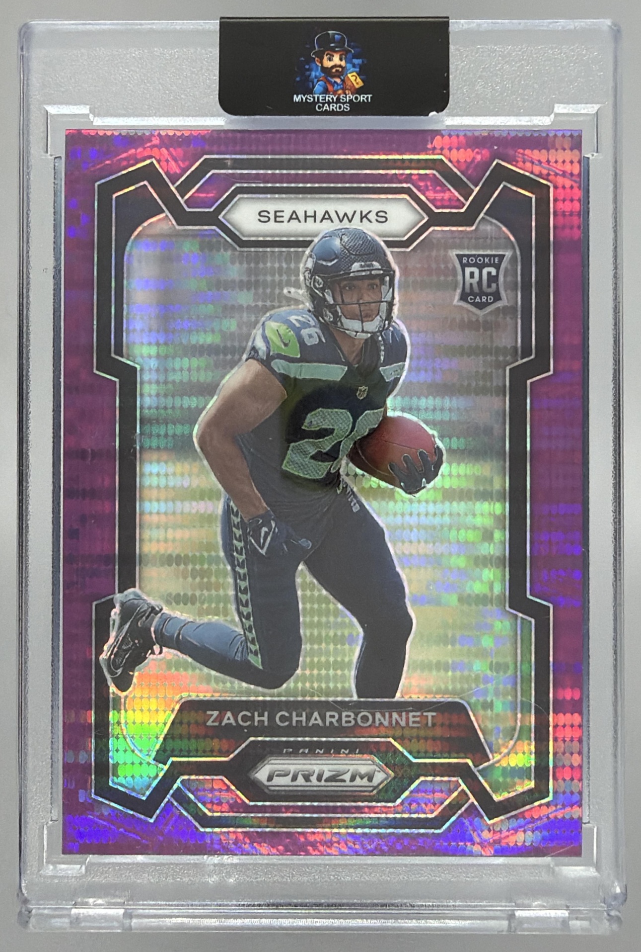 Card image for 2023 Panini Prizm Zach Charbonnet Purple Pulsar #392 RC Seahawks