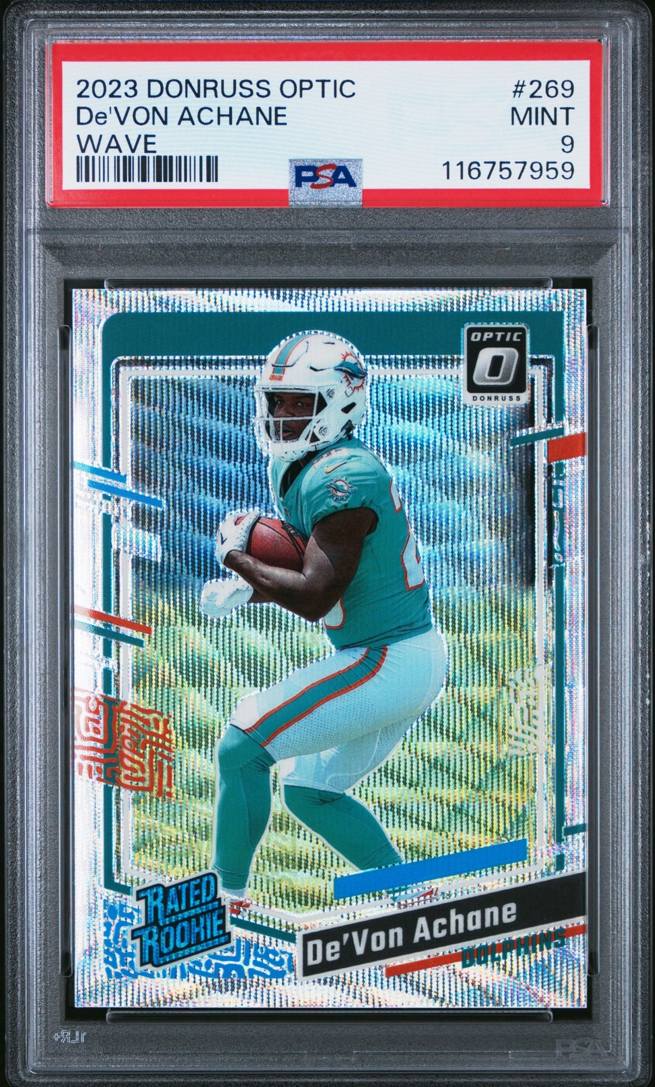Card image for 2023 Panini Donruss Optic De'Von Achane Wave Prizm /300 #269 RC Rated Rookie Dolphins