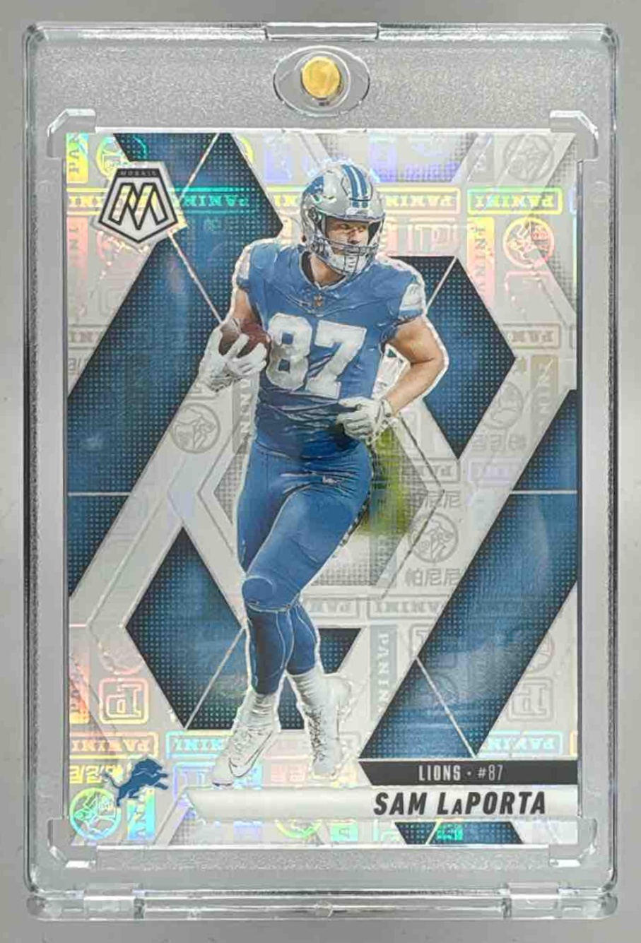Card image for 2025 Panini Mosaic Sam LaPorta Silver Knight Prizm /149 #63 Lions