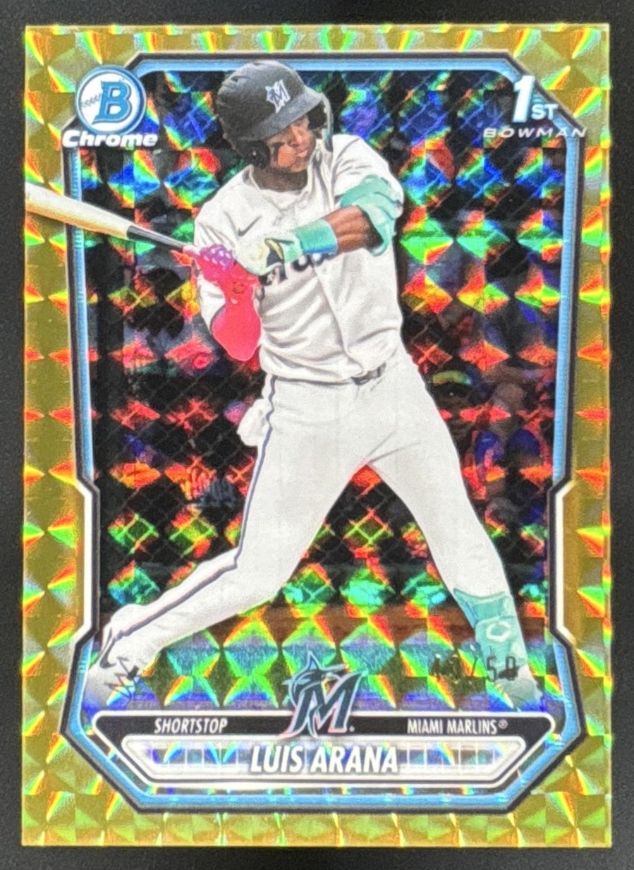 Card image for 2026 Bowman Luis Arana Chrome Gold Geometric Refractor /50 1st Prospect