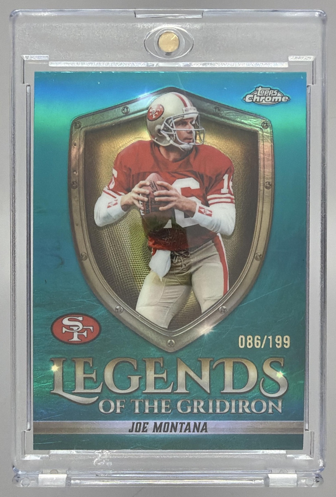 Card image for 2025 Topps Chrome Joe Montana Legends of the Gridiron Aqua Refractor /199 #LOG-8 49ers