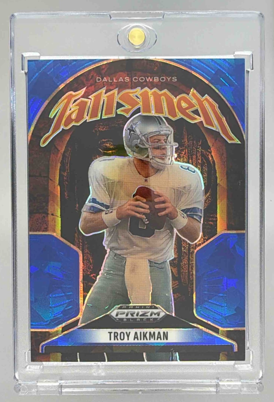 Card image for 2025 Panini Prizm Black Troy Aikman Talismen Blue Ice /125 #20 Cowboys