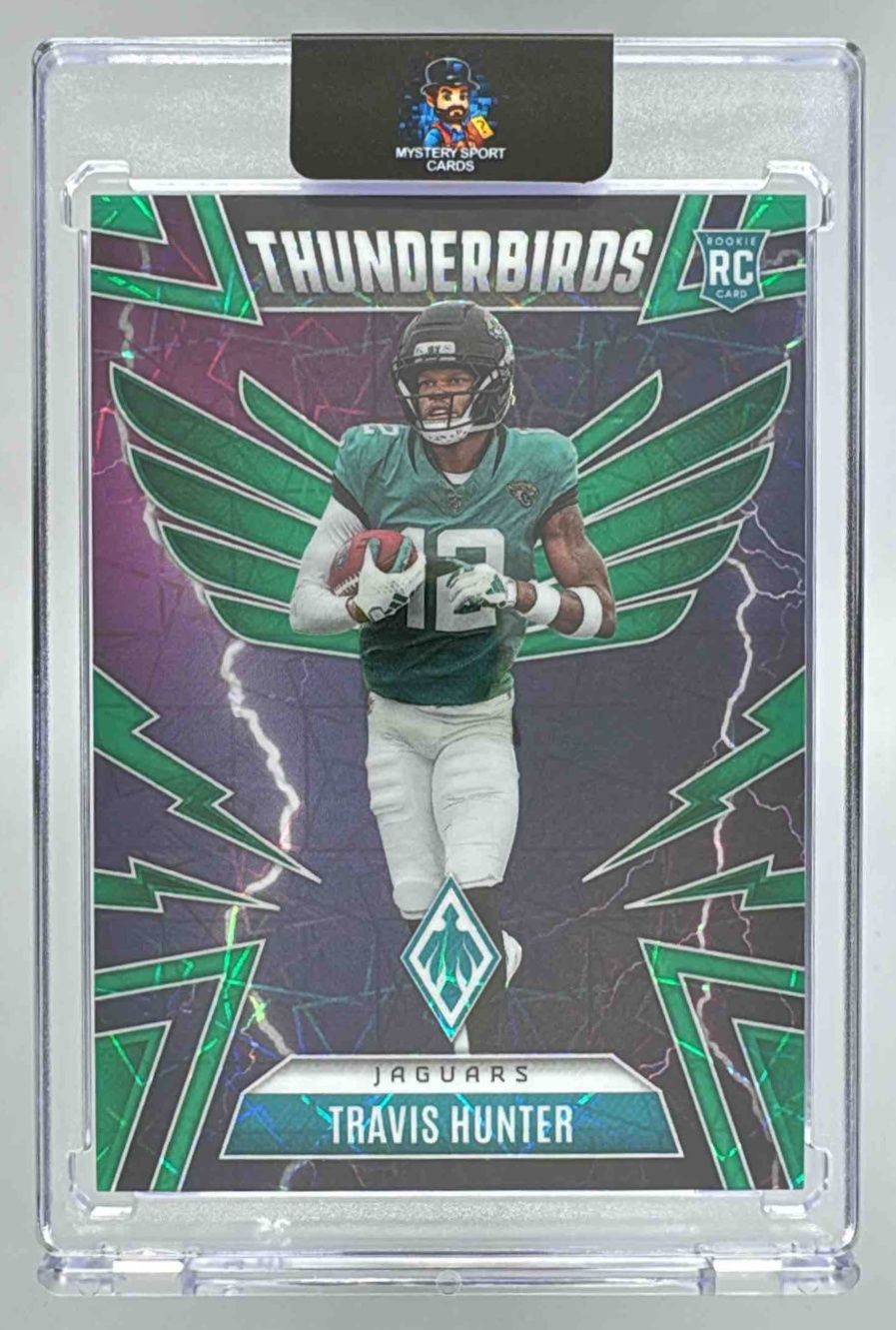 Card image for 2025 Panini Phoenix Travis Hunter Thunderbirds Green Lazer Prizm /49 #22 RC Jaguars