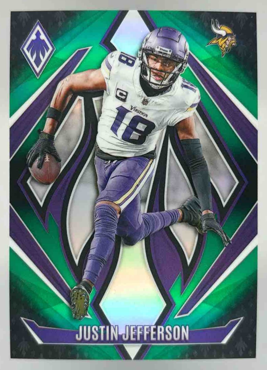Card image for 2024 Panini Phoenix Justin Jefferson Green Fade /199 #91 Vikings