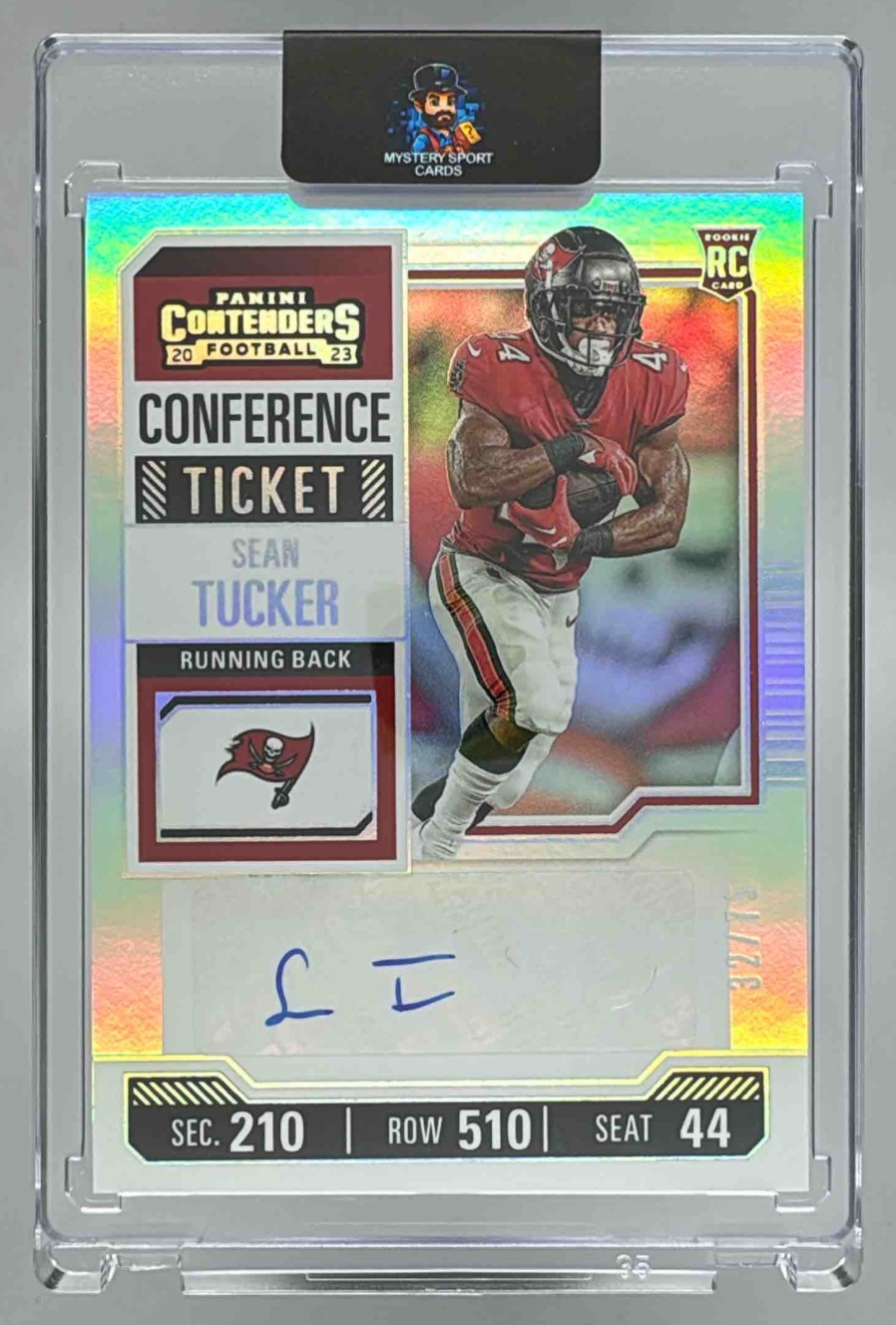 Card image for 2023 Panini Contenders Sean Tucker Conference Ticket /75 #157 RC Rookie Auto Buccaneers