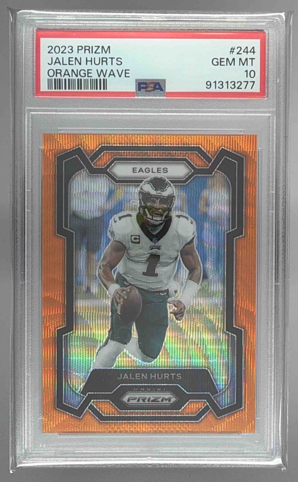 Card image for 2023 Panini Football Prizm Jalen Hurts Orange Wave /60 #244 Philadelphia Eagles