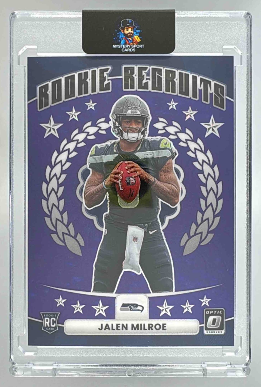 Card image for 2025 Panini Donruss Optic Jalen Milroe Hidden Potential Purple Stars Prizm /25 #14 RC Seahawks