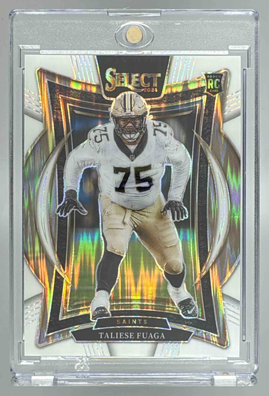 Card image for 2024 Panini Select Taliese Fuaga Concourse White Prizm Shock /199 #56 RC Saints