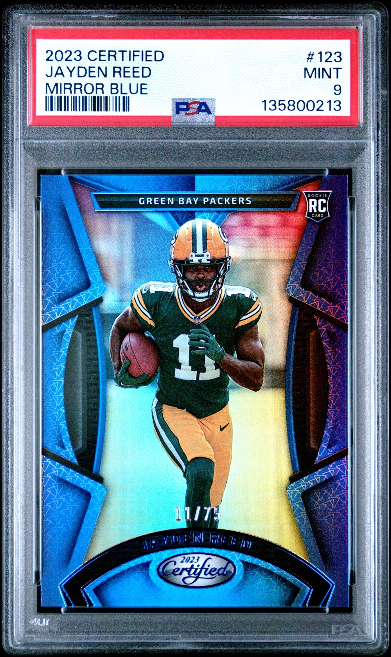 Card image for 2023 Panini Certified Jayden Reed Blue Mirror /75 #123 RC Packers