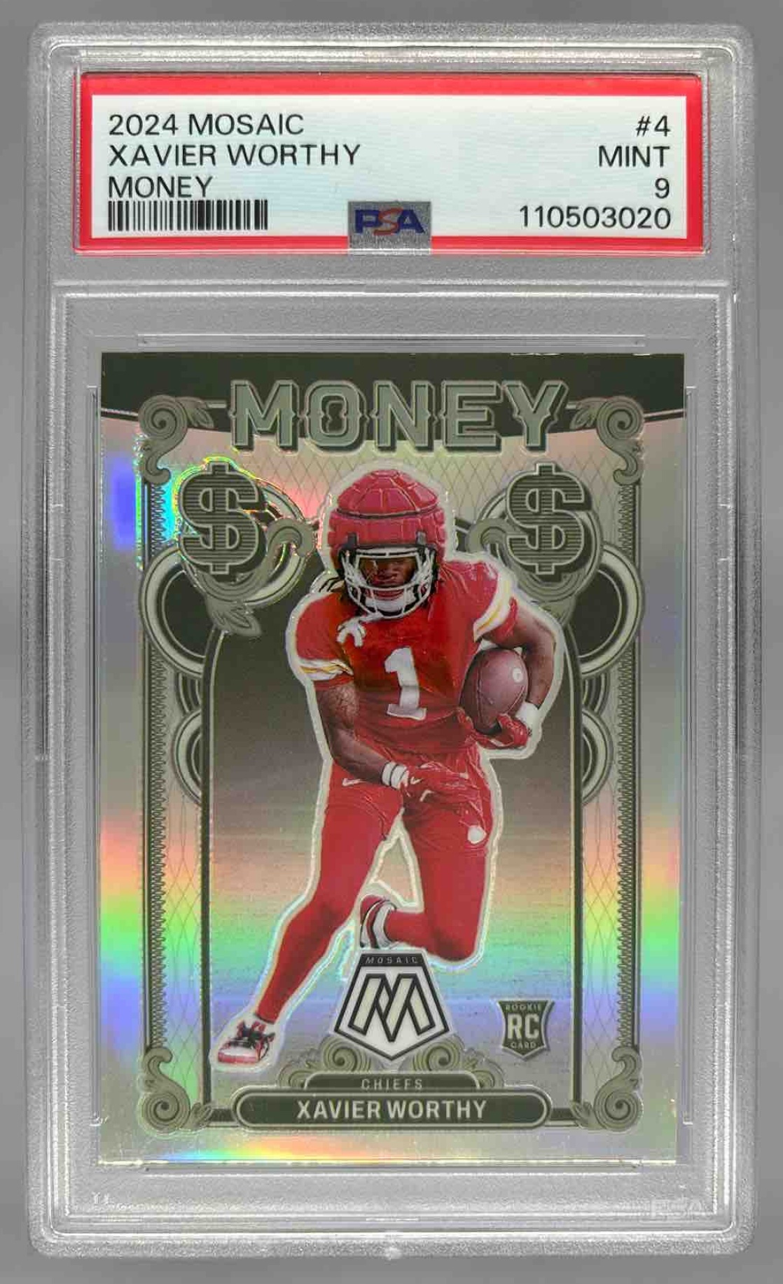 Card image for 2024 Panini Football Mosaic Xavier Worthy Money #4 RC Kansas City Chiefs