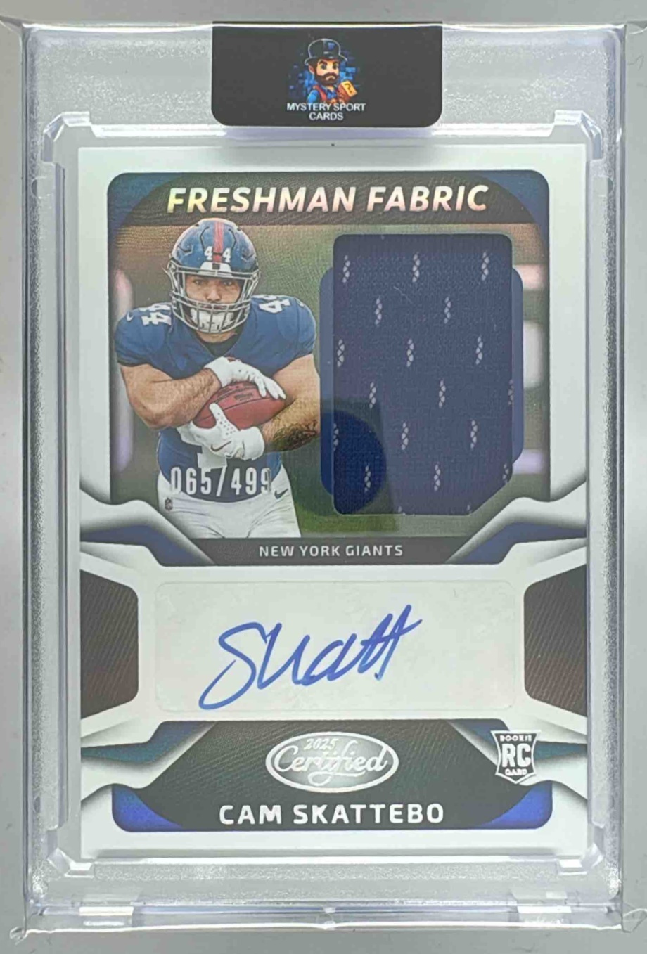Card image for 2025 Panini Certified Cam Skattebo Freshman Fabric Mirror Signatures /499 #FBC-CSO MEM RC Auto Giants