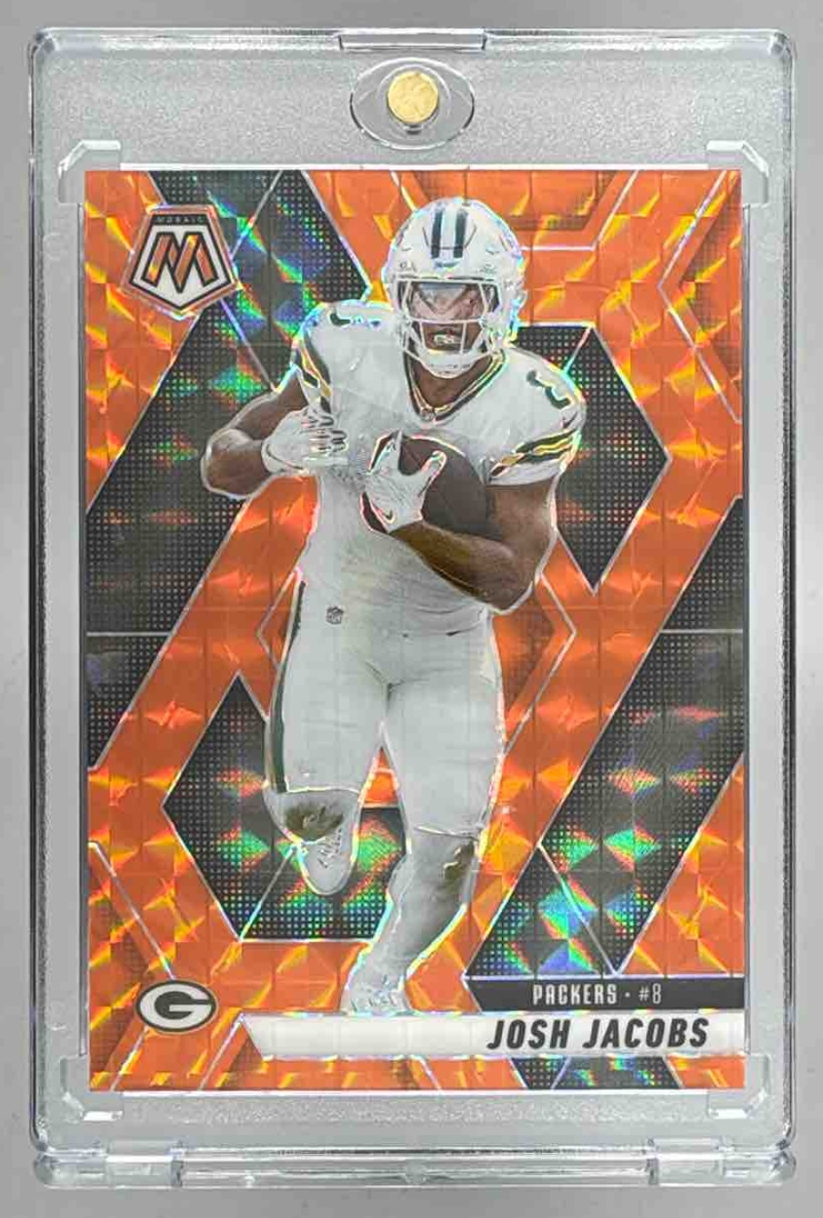 Card image for 2025 Panini Football Mosaic Josh Jacobs Orange Prizm /199 #156 Green Bay Packers
