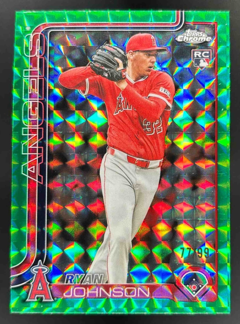 Card image for 2025 Topps Chrome Update Ryan Johnson Green Geometric Refractor /99 RC