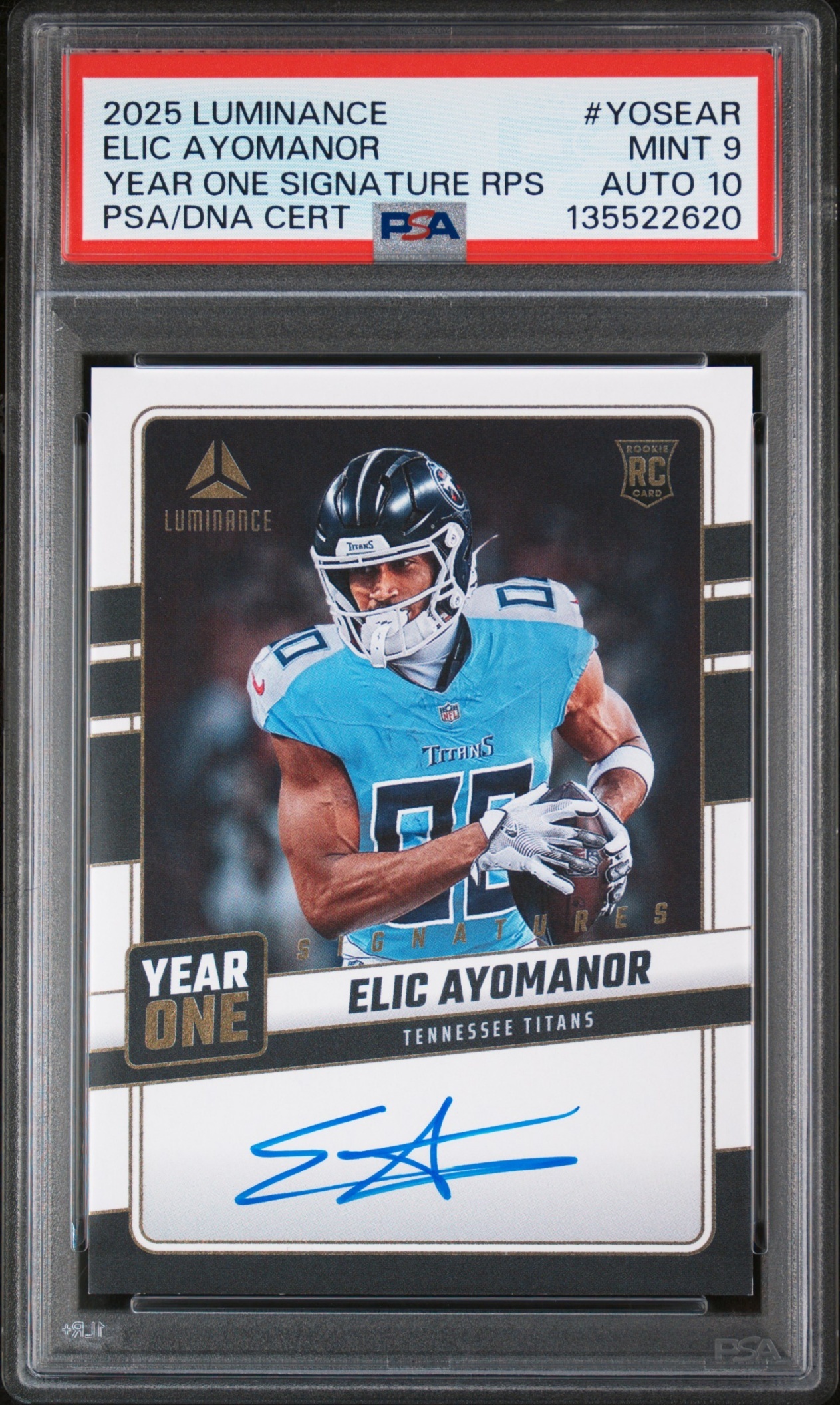 Card image for 2025 Panini Luminance Elic Ayomanor Year One Signatures RPS #YOS-EAR RC Auto Titans