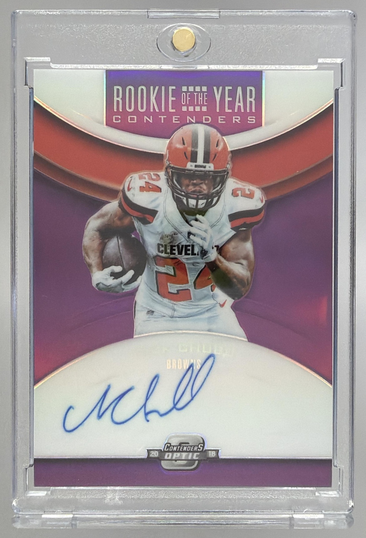 Card image for 2018 Panini Contenders Optic Nick Chubb Rookie of the Year Auto Purple /99 #RYA-NC Browns