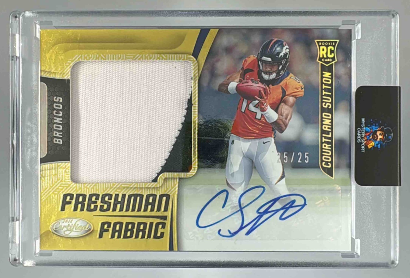 Card image for 2018 Panini Certified Courtland Sutton Gold Etch /25 #230 RC Freshman Fabric Auto Broncos