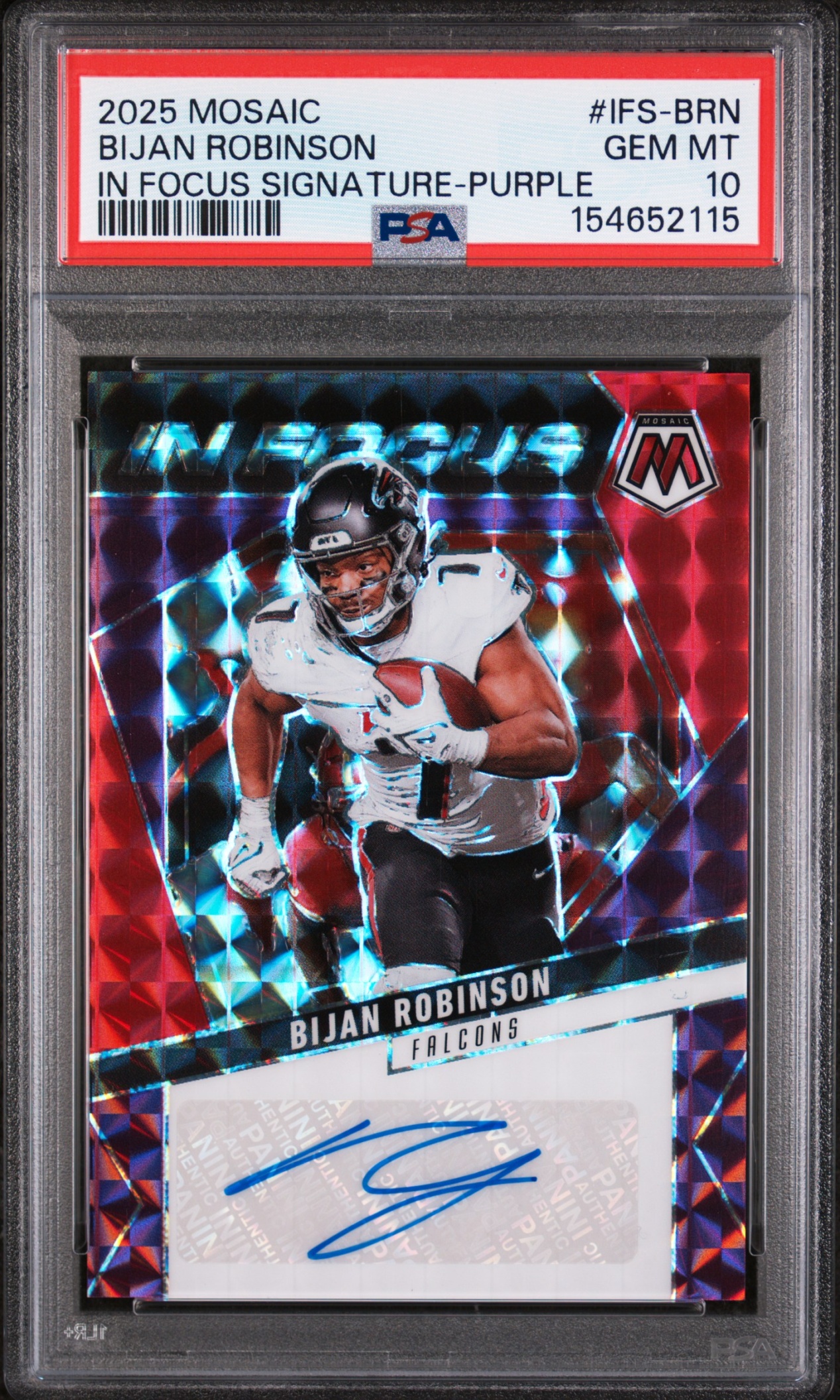 Card image for 2025 Panini Mosaic Bijan Robinson In Focus Signatures Blue Prizm /99 #IFS-BRN Auto Falcons PSA 10