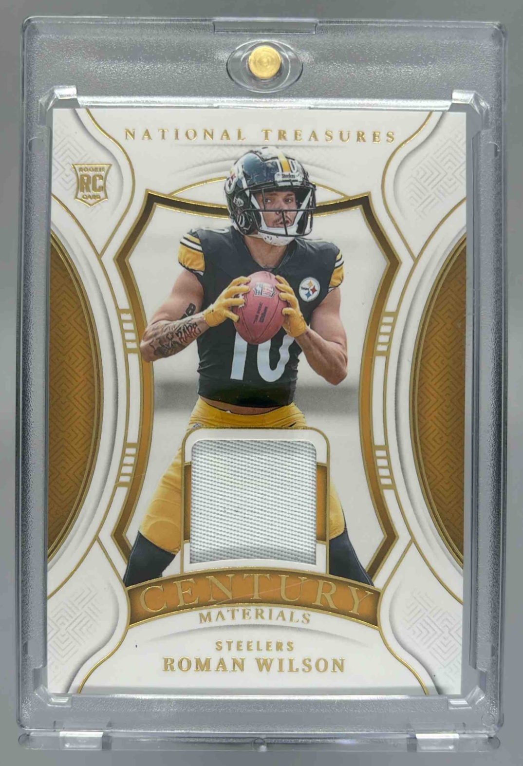 Card image for 2025 Panini National Treasures Roman Wilson 2024 Playoff Football Rookie Treasured Impressions Holo Gold #6 Steelers