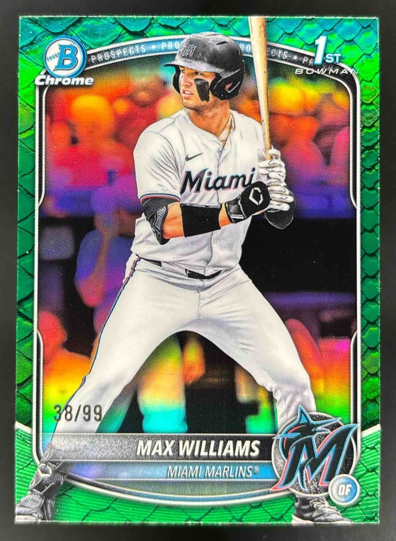 Card image for 2025 Bowman Draft Max Williams Chrome Green Reptilian Refractor /99 1st