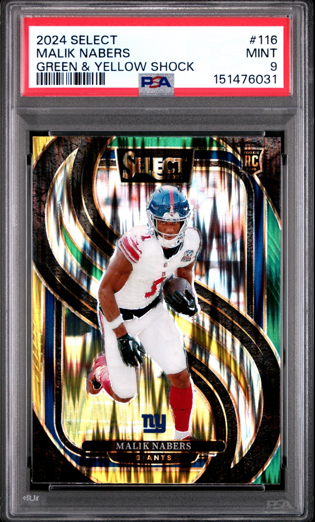 Card image for 2025 Panini Select Mykel Williams Premier Level Green and Yellow Prizm Shock #116 RC 49ers