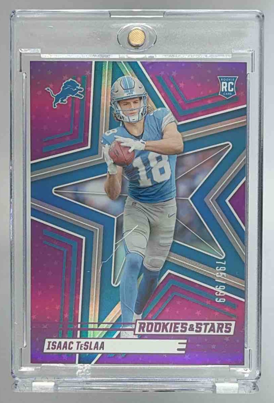 Card image for 2025 Panini Rookies & Stars Isaac TeSlaa Purple /999 #127 RC Lions