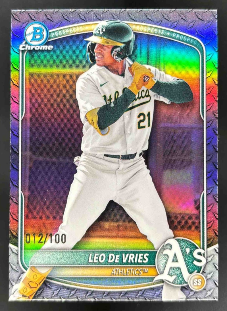 Card image for 2025 Bowman Draft Leo De Vries Chrome Steel Metal Refractor /100