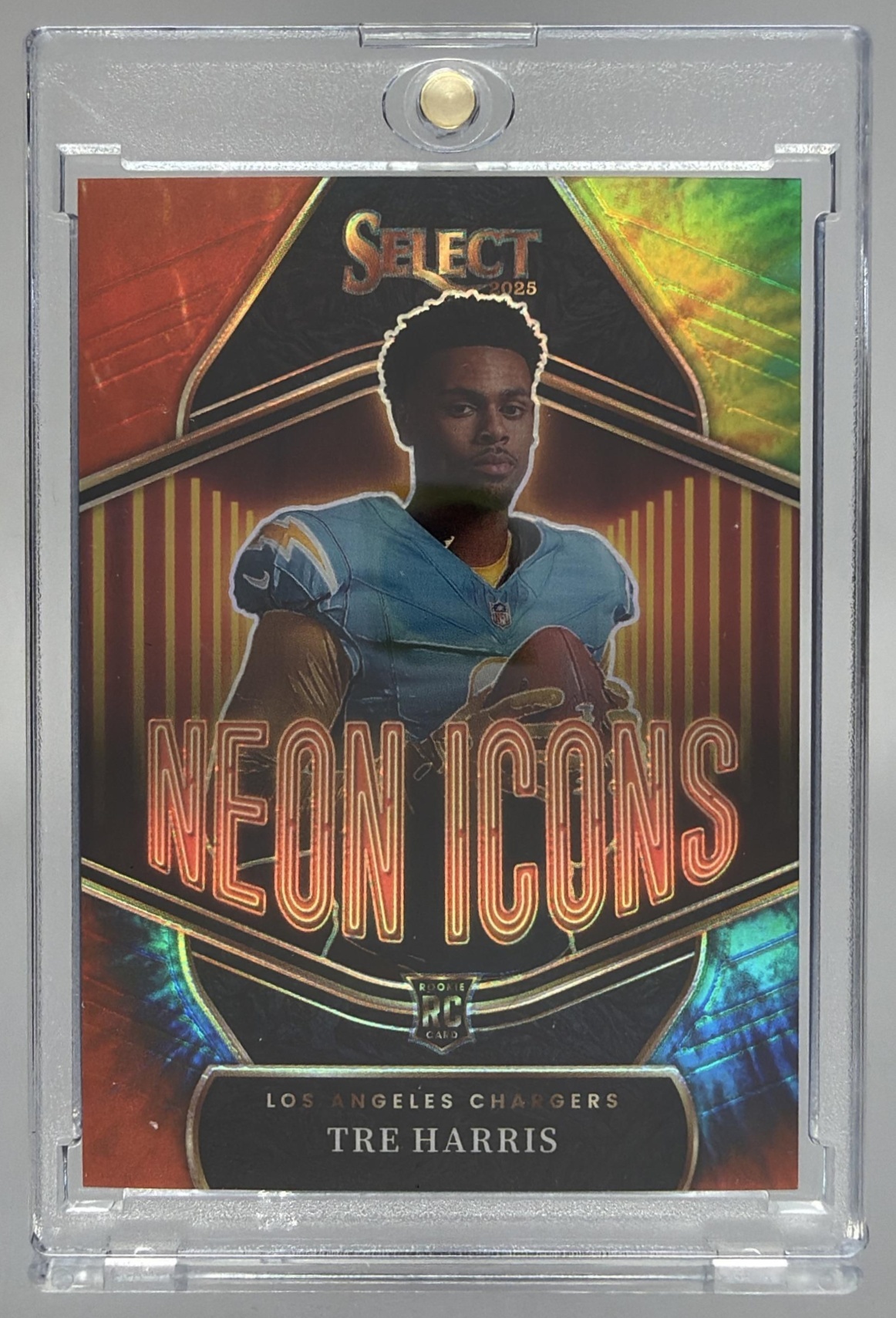 Card image for 2025 Panini Select Tre Harris Neon Icons Tie-Dye Prizm /25 #14 Chargers