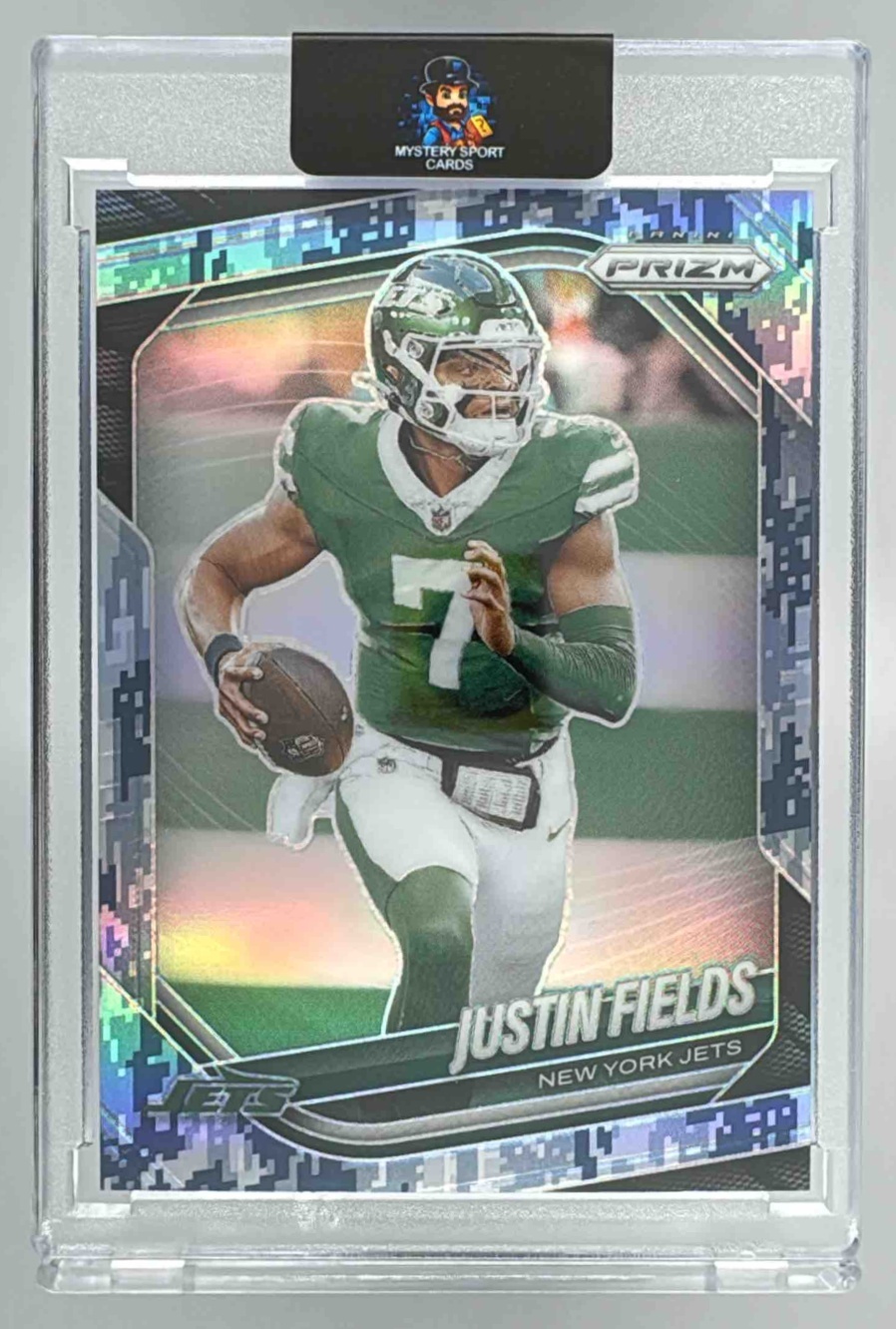 Card image for 2025 Panini Football Prizm Justin Fields Navy Camo /25 #218 New York Jets