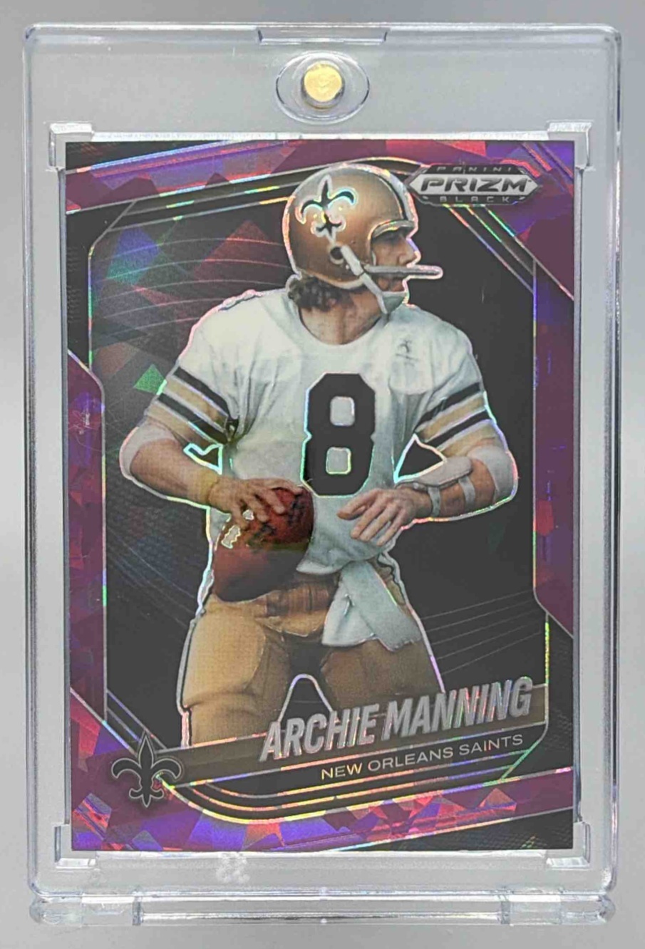Card image for 2025 Panini Prizm Black Archie Manning Purple Ice /149 #97 Saints