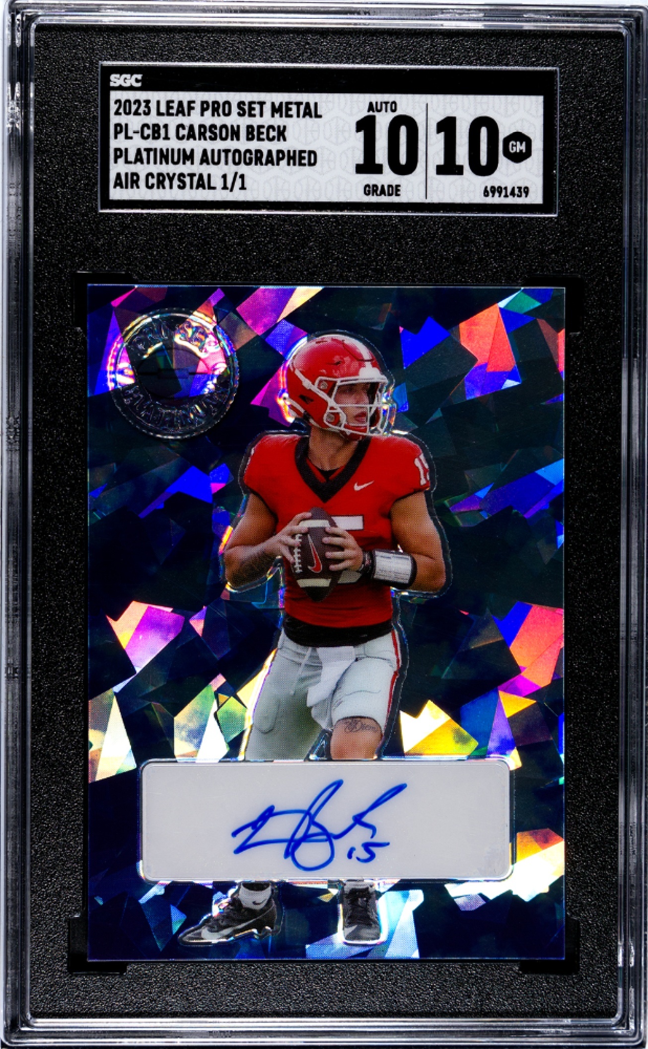 Card image for 2023 Leaf Eclectic Carson Beck Optichrome Auto Super Prismatic Gold 1/1 #OA-CB1 Bulldogs