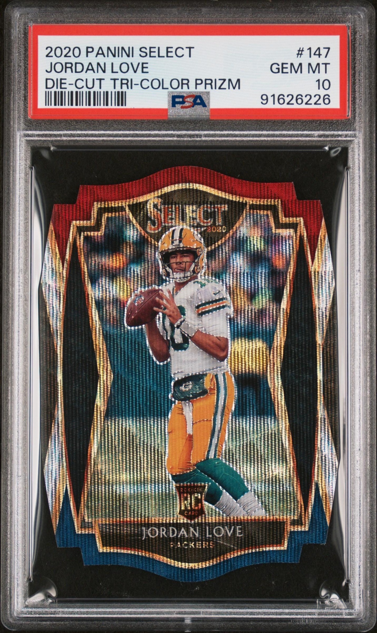 Card image for 2020 Panini Select Jordan Love Tri Color Prizm /199 #147 RC Premier Level Packers