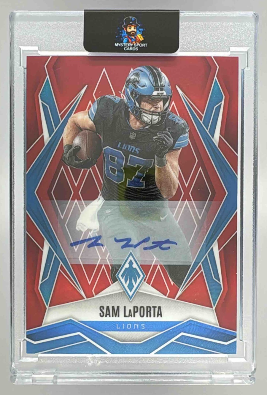 Card image for 2025 Panini Football Phoenix Sam LaPorta Auto Red /99 #44 Detroit Lions