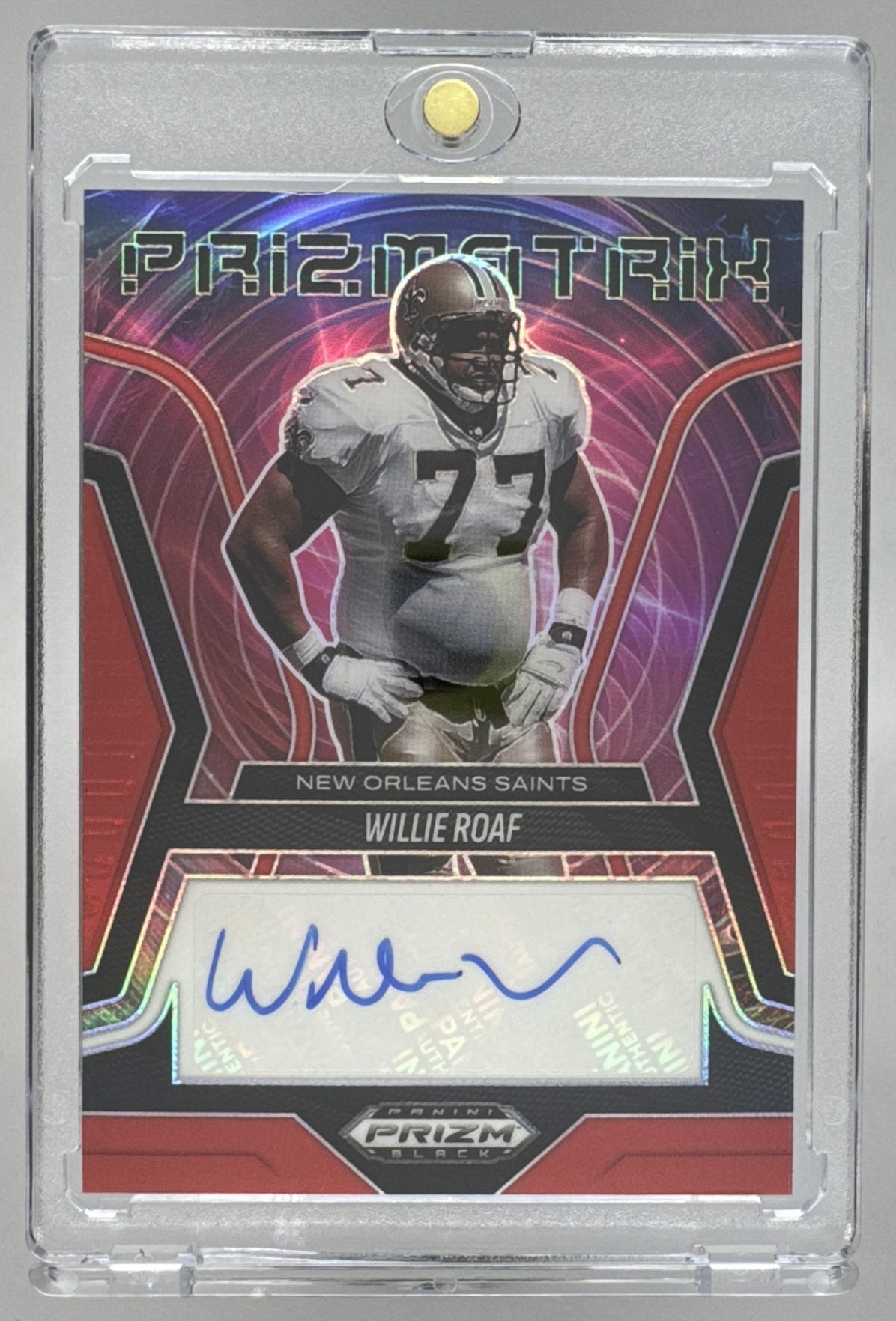 Card image for 2025 Panini Prizm Black Willie Roaf Prizmatrix Signatures Red /99 #PS-WRF Auto Saints
