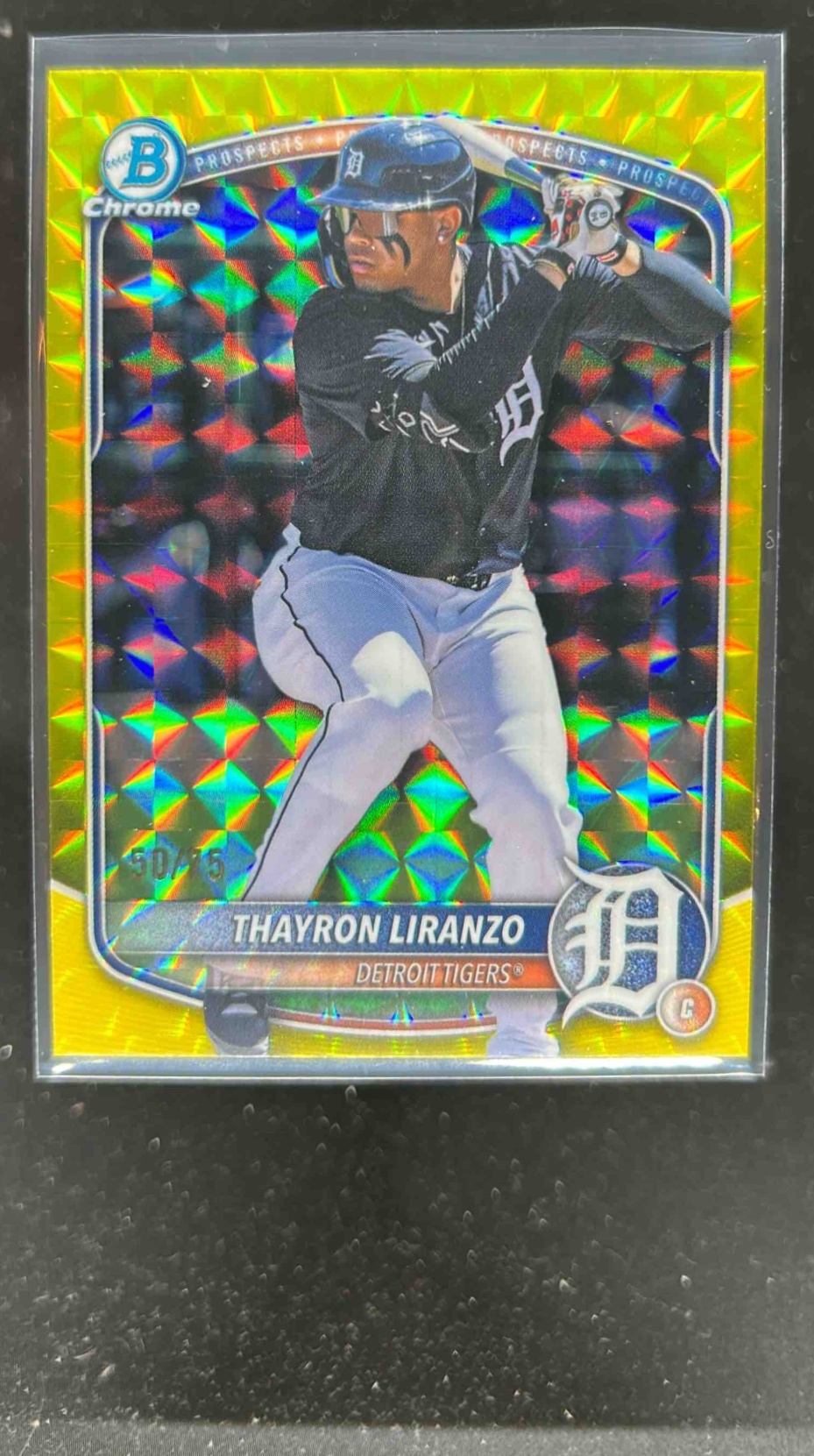Card image for Thayron Liranzo 2025 Bowman Draft Chrome Yellow Geometric Refractor /75