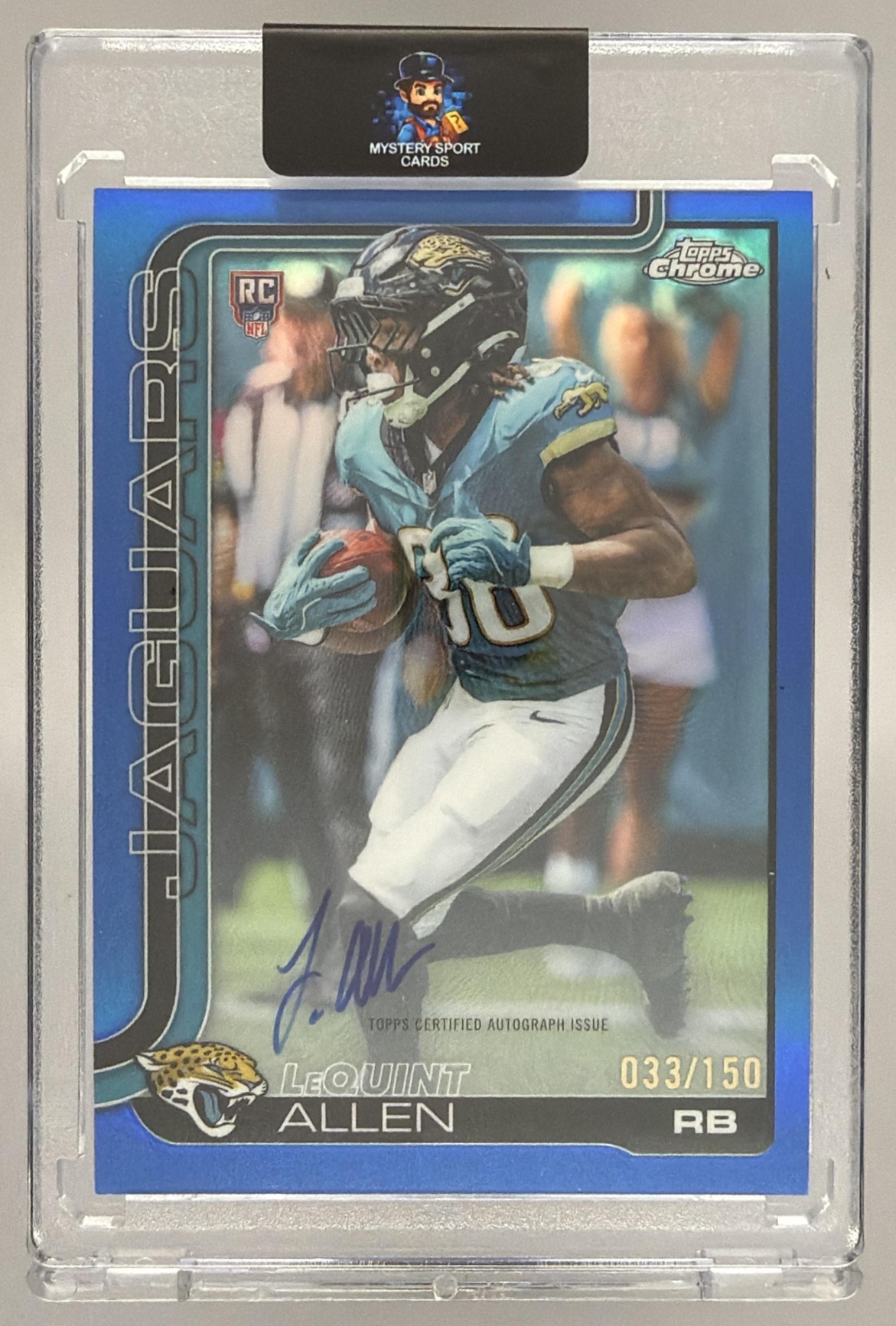 Card image for 2025 Topps Chrome LeQuint Allen Rookie Auto Blue Lava Refractor /150 #RA-LEA RC Jaguars
