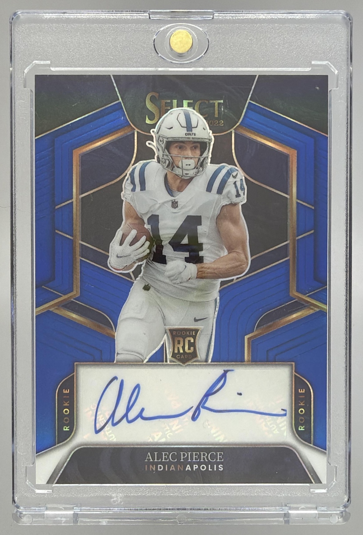 Card image for 2022 Panini Select Alec Pierce Rookie Signatures Blue Prizm /75 #RS-AP Auto RC Colts