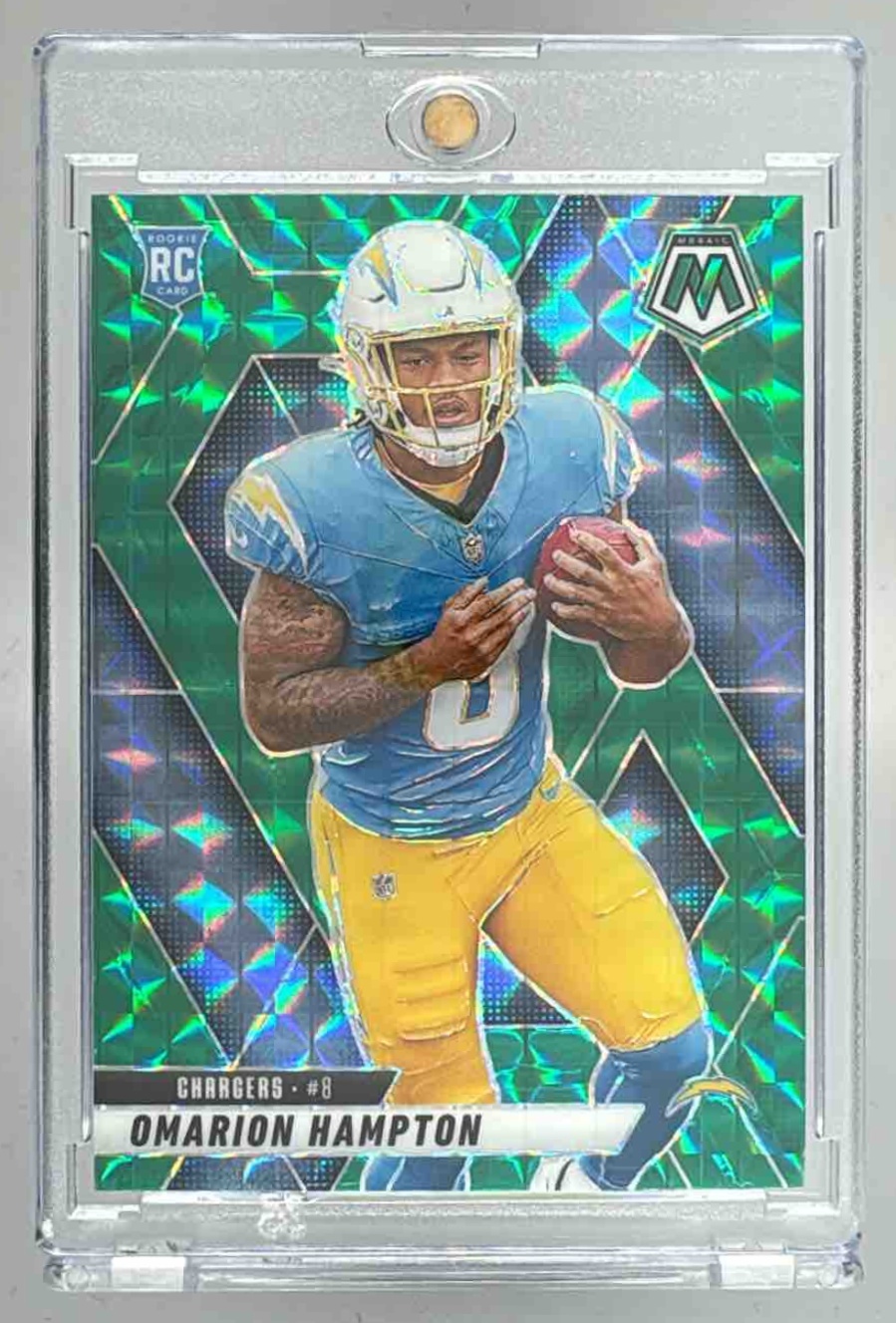Card image for 2025 Panini Mosaic Omarion Hampton Rookies Green Prizm #335 RC Chargers