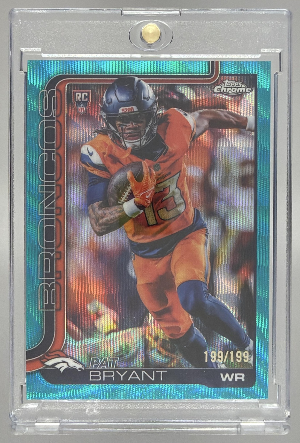 Card image for 2025 Topps Chrome Pat Bryant Rookie Aqua Refractor /199 #313 RC Broncos