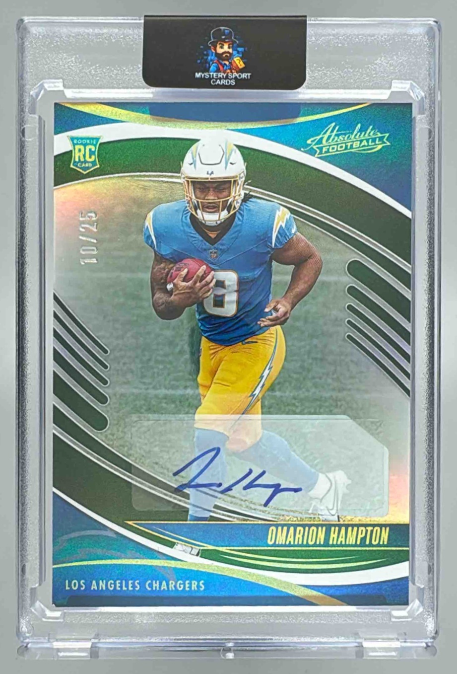 Card image for 2025 Panini Absolute Omarion Hampton Signature Rookies Spectrum Green /25 #166 RC Auto Chargers