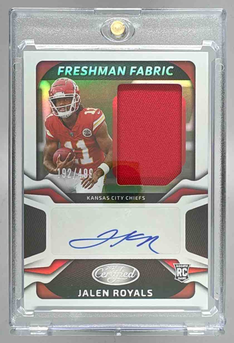 Card image for 2025 Panini Certified Jalen Royals Freshman Fabric Mirror Signatures /499 #FBC-JRS MEM RC Auto Chiefs