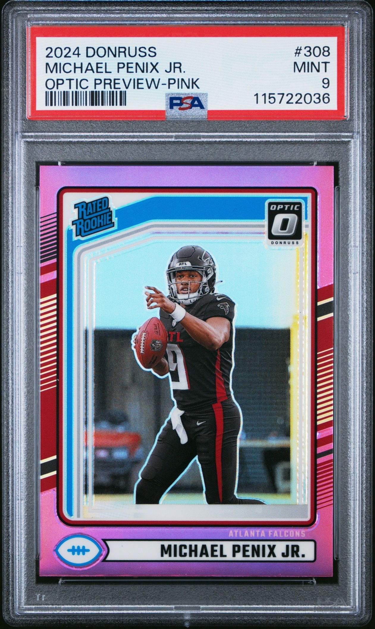 Card image for 2024 Panini Donruss Michael Penix Jr. Optic Rated Rookie Preview Red and Green #308 Falcons