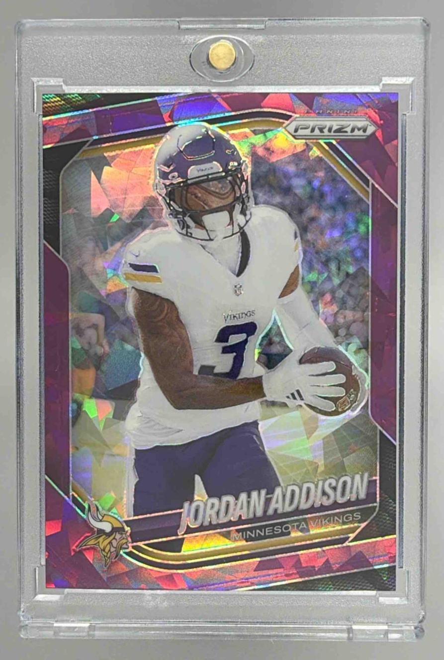 Card image for 2025 Panini Football Prizm Jordan Addison #19 Minnesota Vikings
