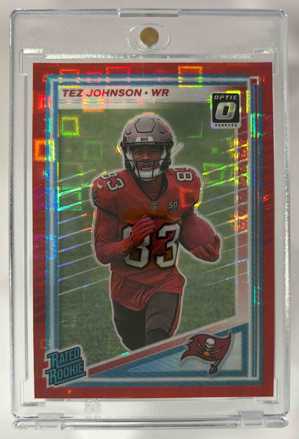 Card image for 2025 Panini Donruss Tez Johnson Optic Rated Rookie Preview Red Pandora #313 RC Buccaneers
