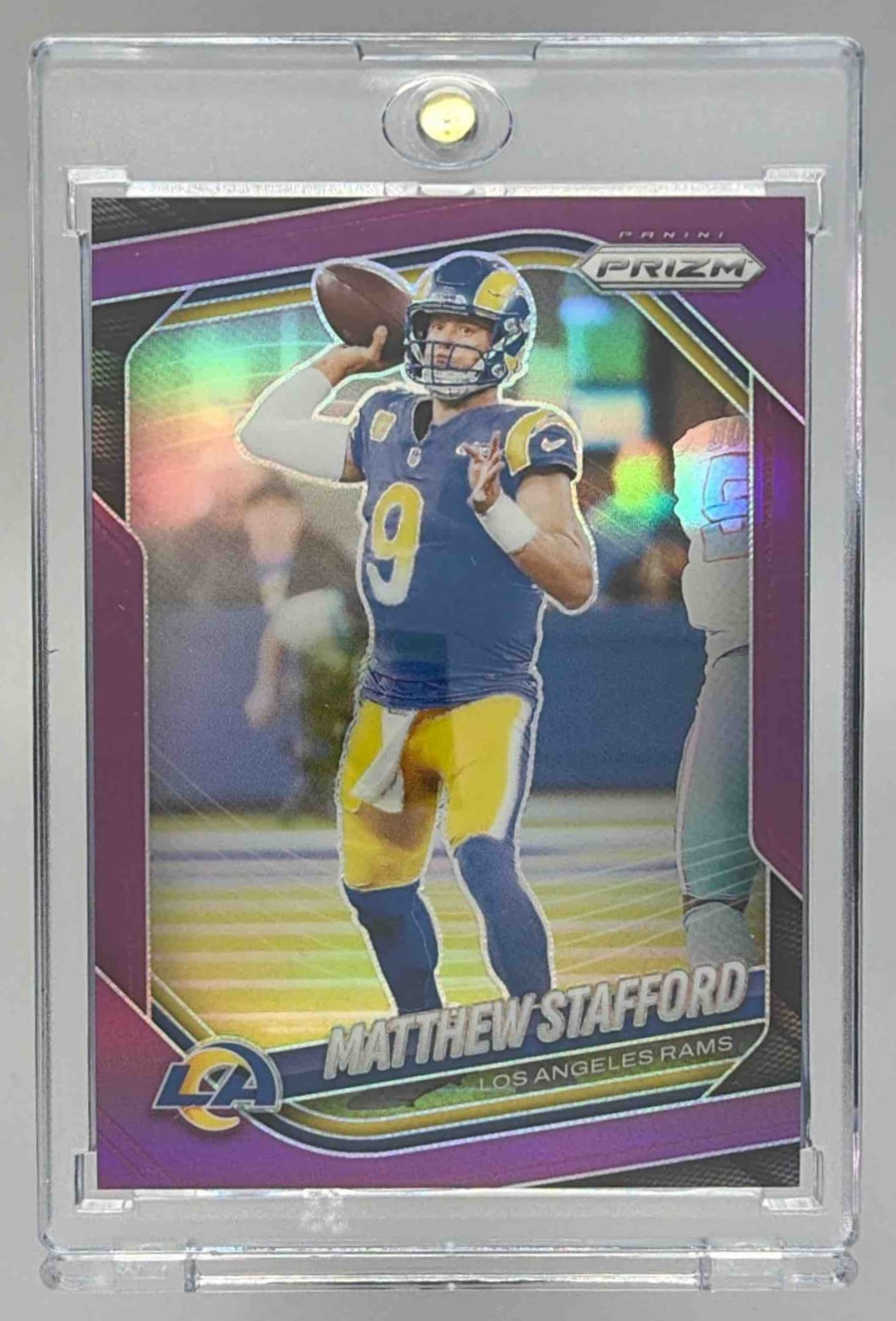 Card image for 2025 Panini Football Prizm Matthew Stafford Purple /125 #21 Los Angeles Rams