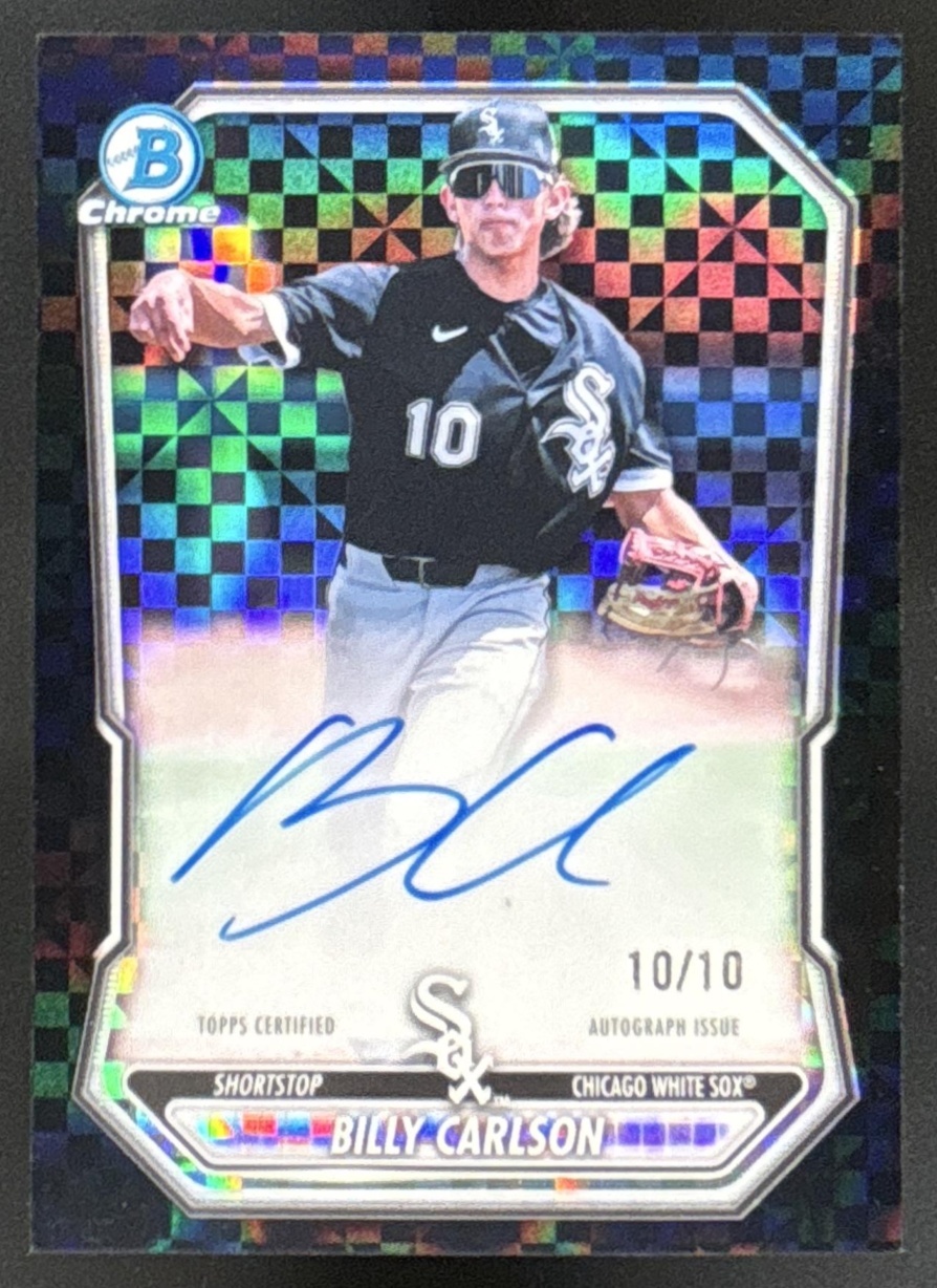 Card image for 2025 Bowman Draft Billy Carlson Chrome Auto Black X-Fractor /10 1st Prospect