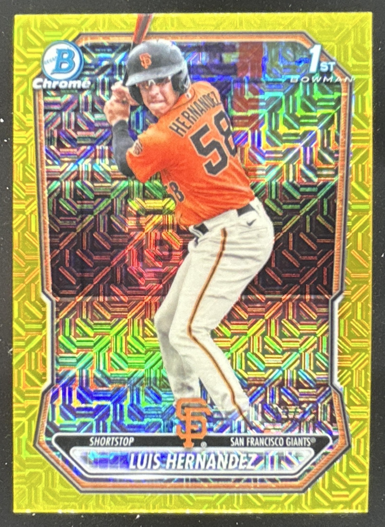 Card image for Luis Hernandez 2026 Bowman Chrome Mega Box Prospects Yellow Mojo Refractor /75